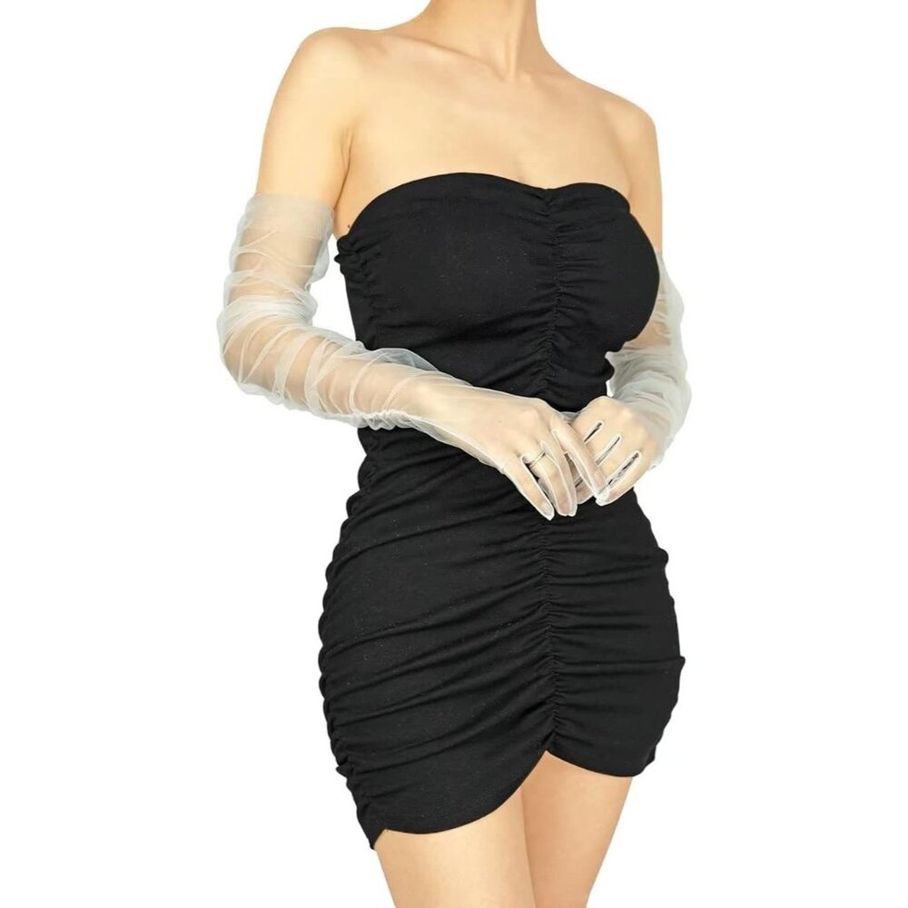Women's White Sheer Tulle Long Mesh Pleated Sleeve Gloves Party Accessories